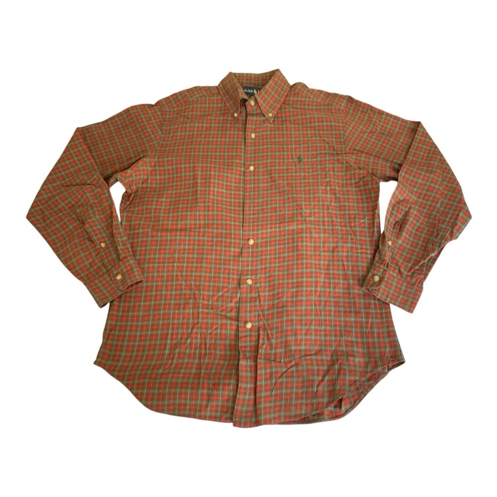 Vintage Ralph Lauren Shirt Men M Red Green Plaid Button Down Preppy Dad‎ Holiday